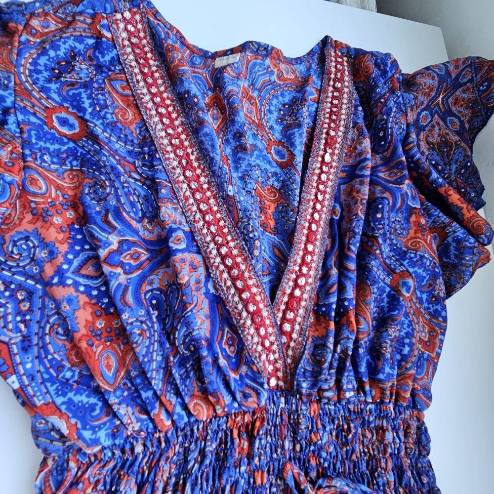 Art Silk Made In India Purple & Red Jeweled Smoked Boho Flutter Sleeve Dress - Picture 12 of 14